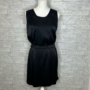St. John Collection black silk sleeveless dress with embellished neckline 10